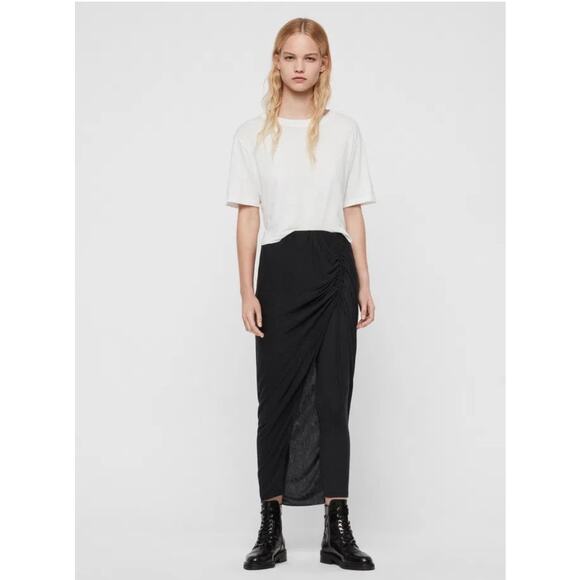 AllSaints Skirt Overlay Leggings Medium Charcoal Soft Jersey Knit Ruched Drape - Picture 1 of 11